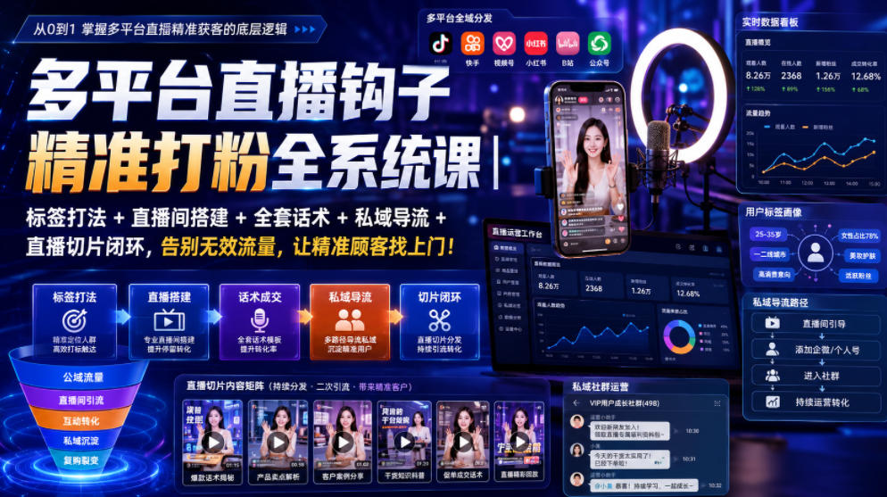 多平台直播钩子精准打粉全系统课｜标签打法+直播间搭建+全套话术+私域导流+直播切片闭环，告别无效流量，让精准顾客找上门！-资源后花园