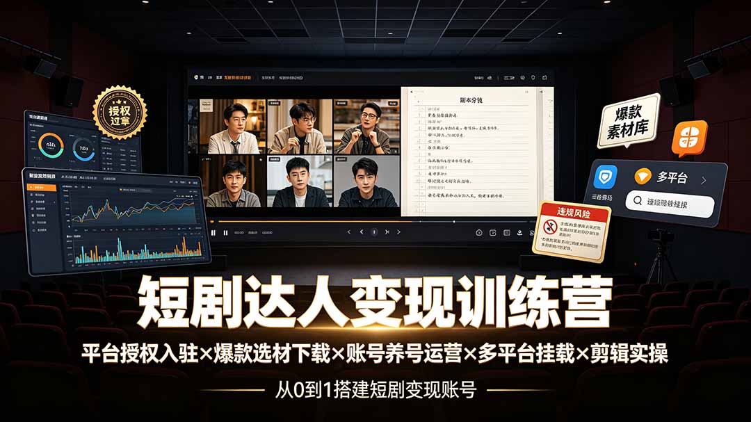 短剧达人变现训练营：平台授权入驻×爆款选材下载×账号养号运营×多平台挂载×剪辑实操×违规处理全流程-资源后花园