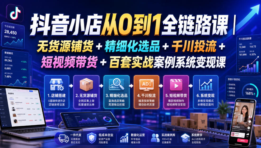 抖音小店从0到1全链路课｜无货源铺货+精细化选品+千川投流+短视频带货+百套实战案例系统变现课(2026年7月更新)-资源后花园