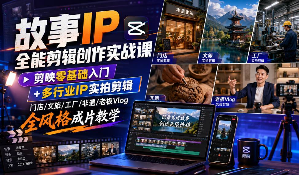故事IP全能剪辑创作实战课｜剪映零基础入门+多行业IP实拍剪辑，门店/文旅/工厂/非遗/老板Vlog全风格成片教学-资源后花园