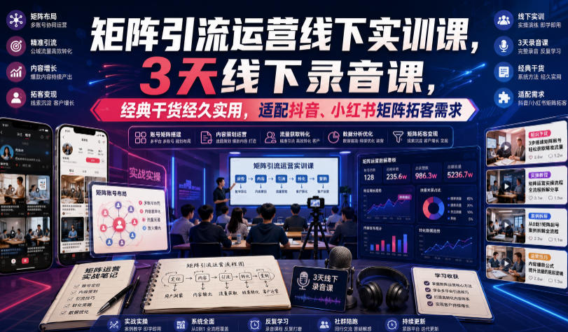 嗨推矩阵引流运营线下实训课，3天线下录音课，经典干货经久实用，适配抖音、小红书矩阵拓客需求-资源后花园