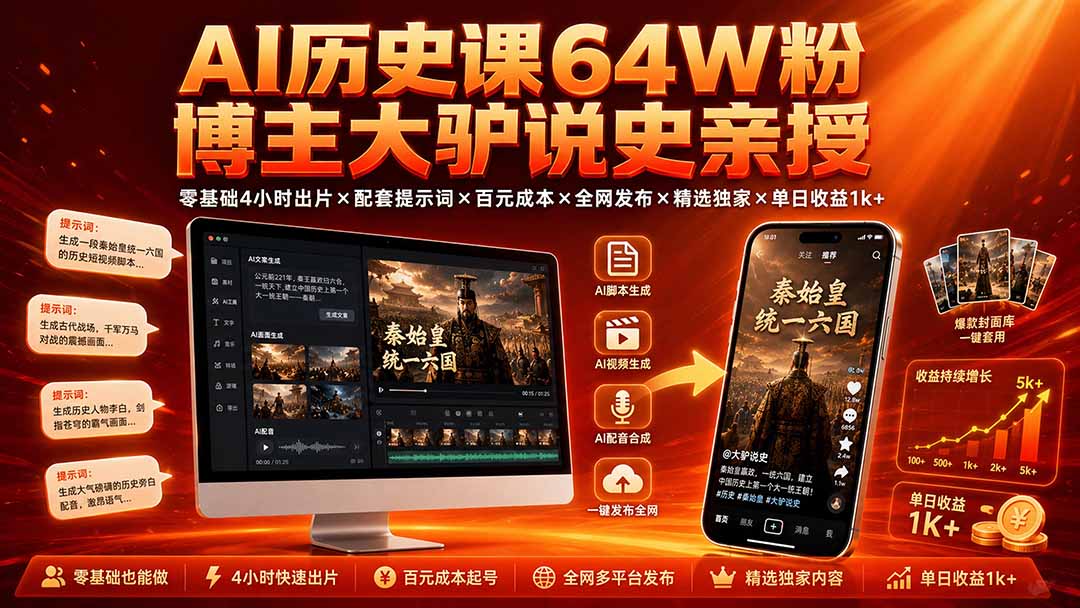 AI历史课64W粉博主大驴说史亲授：零基础4小时出片×配套提示词×百元成本×全网发布×精选独家×单日收益1k+-资源后花园