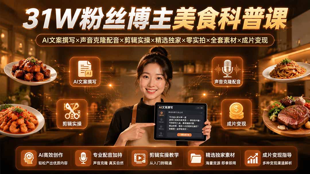 31W粉丝博主美食科普课：AI文案撰写×声音克隆配音×剪辑实操×精选独家×零实拍×全套素材×成片变现-资源后花园