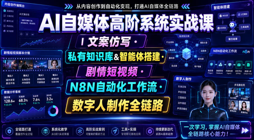 AI自媒体高阶系统实战课｜文案仿写・私有知识库&智能体搭建・剧情短视频・N8N自动化工作流・数字人制作全链路-资源后花园
