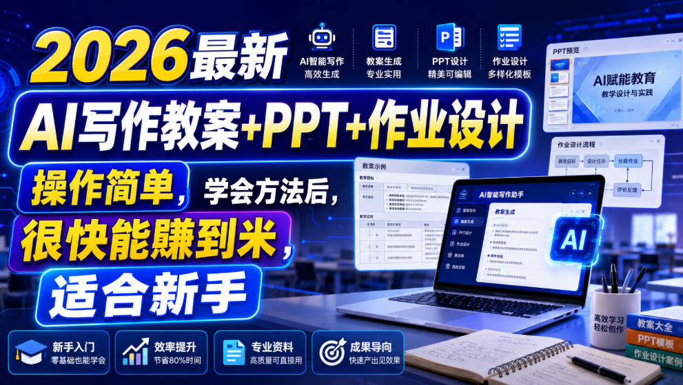 2026最新AI写作教案+PPT+作业设计，操作简单，学会方法后，很快能賺到米，适合新手-资源后花园
