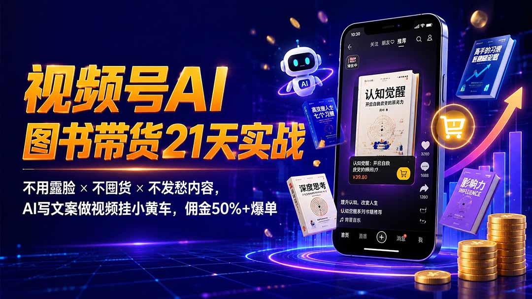 繁花视频号AI图书带货21天实战：不用露脸×不囤货×不发愁内容，AI写文案做视频挂小黄车，佣金50%+爆单-资源后花园