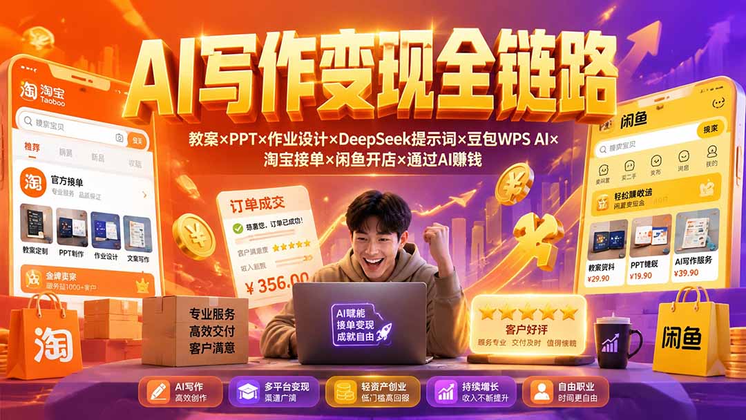 2026AI写作变现全链路：教案×PPT×作业设计×DeepSeek提示词×豆包WPS AI×淘宝接单×闲鱼开店×通过AI賺钱-资源后花园