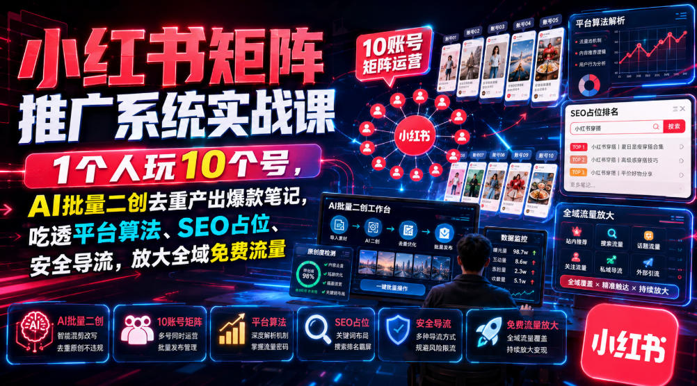 小红书矩阵推广系统实战课｜1个人玩10个号，AI批量二创去重产出爆款笔记，吃透平台算法、SEO占位、安全导流，放大全域免费流量-资源后花园