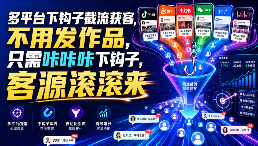 多平台下钩子截流获客，不用发作品，只需咔咔咔下钩子，客源滚滚来-资源后花园