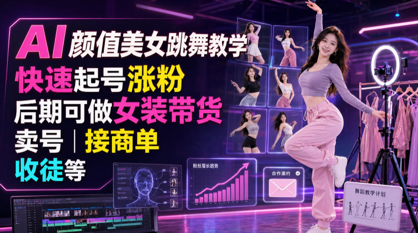 AI颜值美女跳舞教学，快速起号涨粉，后期可做女装带货，卖号，接商单，收徒等-资源后花园