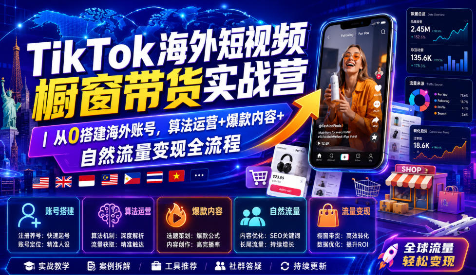 TikTok海外短视频橱窗带货实战营｜从0搭建海外账号，算法运营+爆款内容+自然流量变现全流程-资源后花园