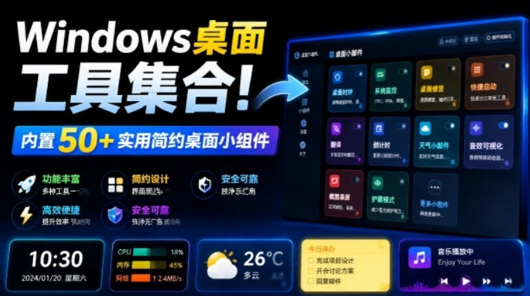 Windows桌面工具集合！内置50+实用简约桌面小组件，含截图、录屏、翻译、天气等，多秘工具箱-资源后花园