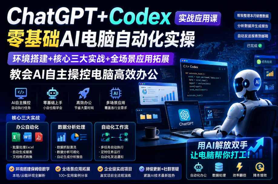 ChatGPT+Codex实战应用课｜零基础AI电脑自动化实操，环境搭建+核心三大实战+全场景应用拓展，教会AI自主操控电脑高效办公-资源后花园