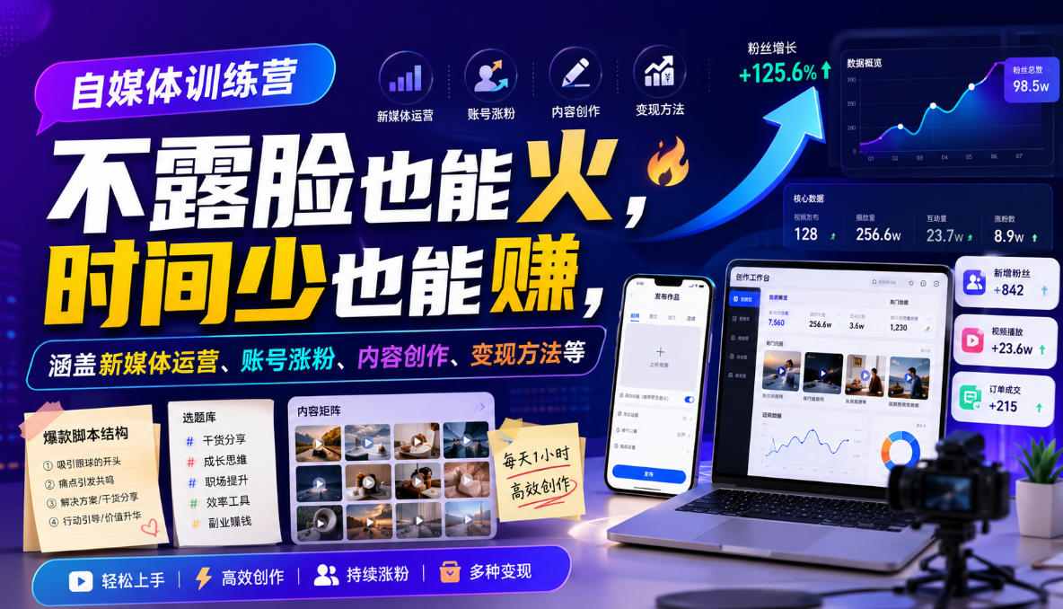 自媒体训练营，不露脸也能火，时间少也能賺，涵盖新媒体运营、账号涨粉、内容创作、变现方法等-资源后花园