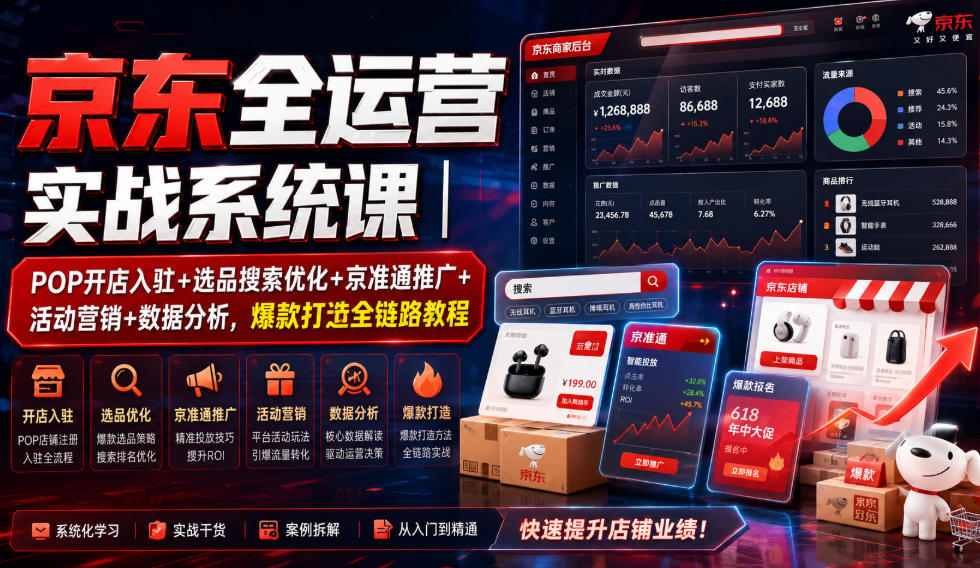 京东全运营实战系统课｜POP开店入驻+选品搜索优化+京准通推广+活动营销+数据分析，爆款打造全链路教程-资源后花园