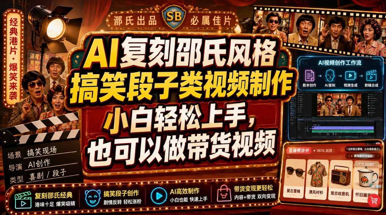 AI复刻邵氏风格搞笑段子类视频制作，小白轻松上手，也可以做带货视频-资源后花园