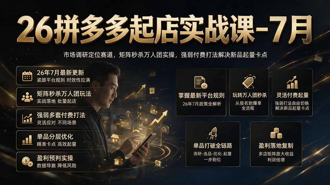 26拼多多起店实战课-7月｜市场调研定位赛道，矩阵秒杀万人团实操，强弱付费打法解决新品起量卡点-资源后花园