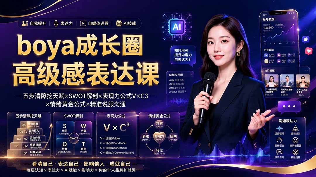 boya成长圈｜内心成长高级表达AI自媒体三合一，消解内耗挖掘天赋，镜头沟通AI指令短视频全流程教学-资源后花园