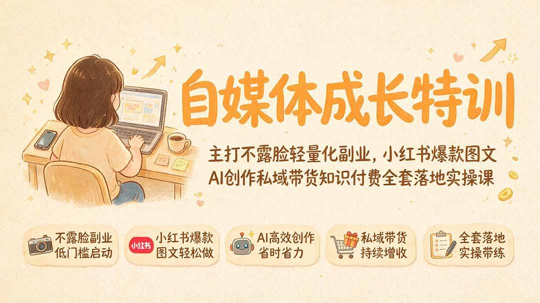 自媒体成长特训｜主打不露脸轻量化副业，小红书爆款图文AI创作私域带货知识付费全套落地实操课-资源后花园