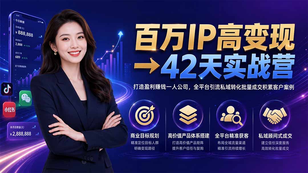 百万IP高变现→42天实战营｜打造盈利赚钱一人公司，全平台引流私域转化批量成交积累客户案例-资源后花园