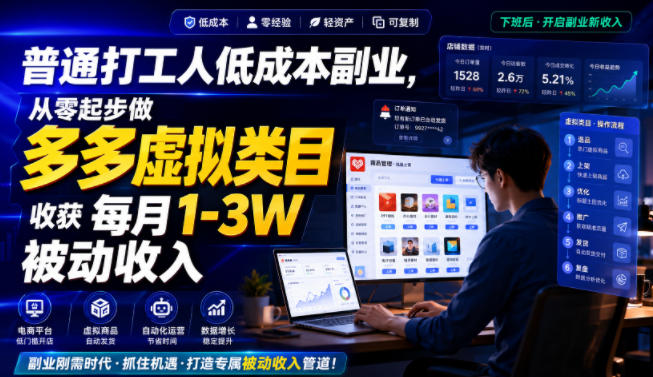 普通打工人低成本副业，从零起步做多多虚拟类目，收获每月1-3W被动收入【揭秘】-资源后花园