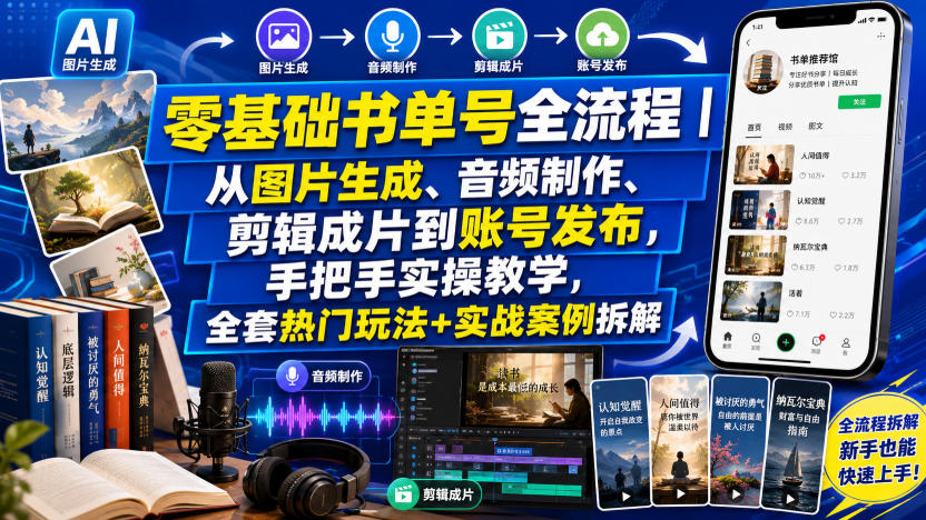 零基础书单号全流程｜从图片生成、音频制作、剪辑成片到账号发布，手把手实操教学，全套热门玩法+实战案例拆解-资源后花园