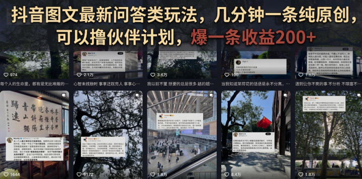 抖音图文最新问答类玩法，几分钟一条纯原创，可以撸伙伴计划，爆一条收益200+-资源后花园