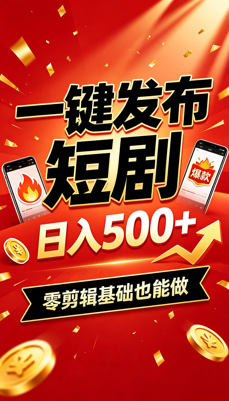 快手短剧一键发布，不用剪辑操作简单，副业日入500+。空闲时间轻松赚收益-资源后花园