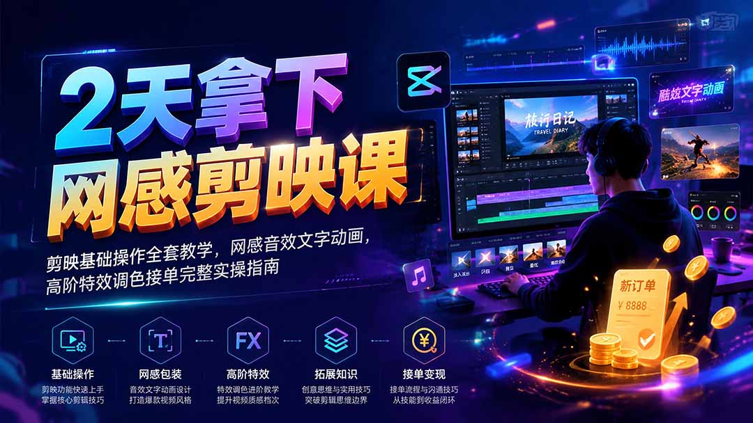 2天拿下网感剪辑课｜剪映基础操作全套教学，网感音效文字动画，高阶特效调色接单完整实操指南-资源后花园