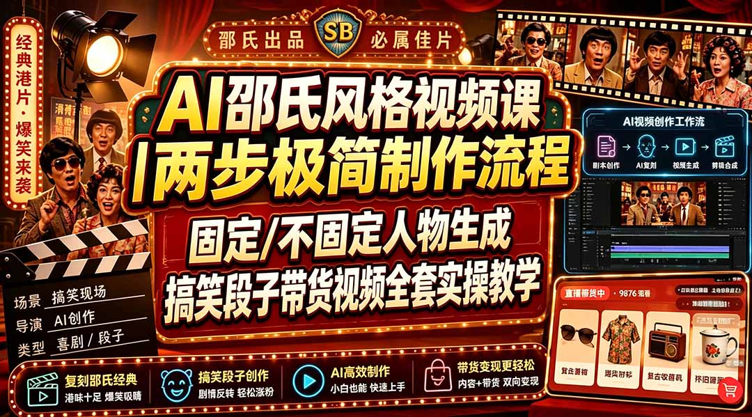 AI邵氏风格视频课｜两步极简制作流程，固定/不固定人物生成，搞笑段子带货视频全套实操教学-资源后花园