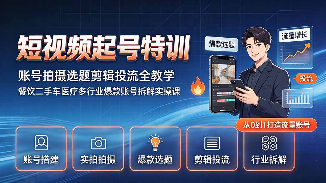 短视频起号特训｜账号拍摄选题剪辑投流全教学，餐饮二手车医疗多行业爆款账号拆解实操课-资源后花园