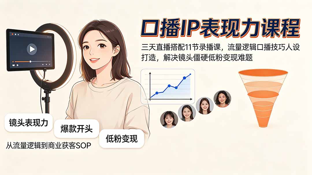 口播IP表现力课程｜三天直播搭配11节录播课，流量逻辑口播技巧人设打造，解决镜头僵硬低粉变现难题-资源后花园