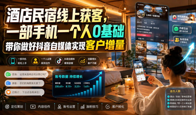 酒店民宿线上获客，一部手机一个人0基础带你做好抖音自媒体实现客户增量-资源后花园