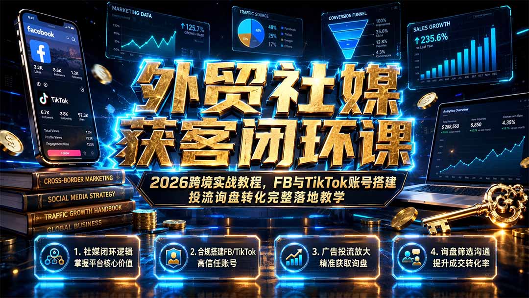 外贸社媒获客闭环课｜2026跨境实战教程，FB与TikTok账号搭建投流询盘转化完整落地教学-资源后花园