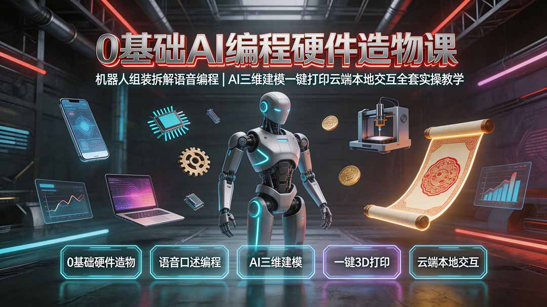 0基础AI编程硬件造物课｜机器人组装拆解语音编程，AI三维建模一键打印云端本地交互全套实操教学-资源后花园