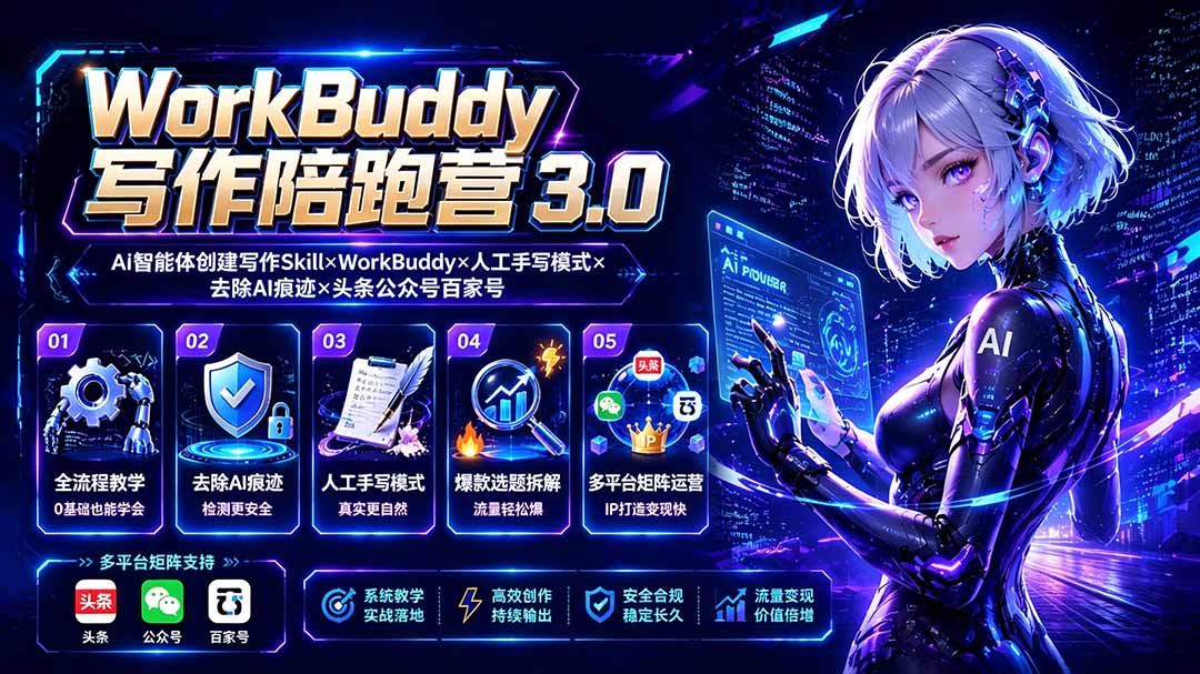 WorkBuddy写作陪跑营3.0-更新：Ai智能体创建写作Skill×WorkBuddy×人工手写模式×去除AI痕迹×头条公众号百家号-资源后花园