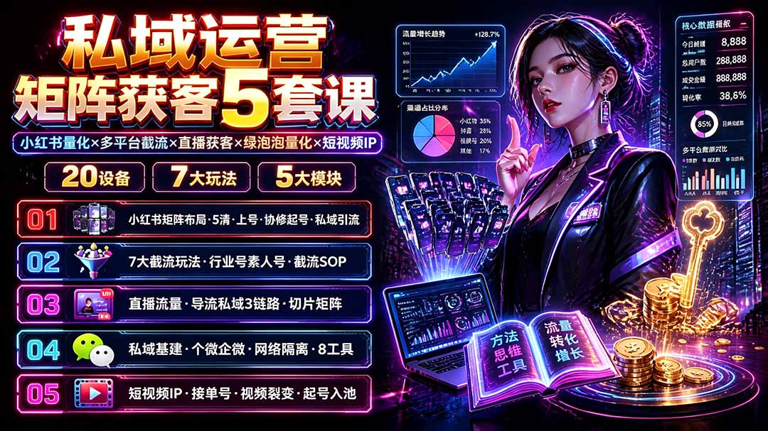 私域运营矩阵获客5套课：小红书量化×多平台截流×直播获客×绿泡泡量化×短视频IP×20设备×7大玩法-资源后花园