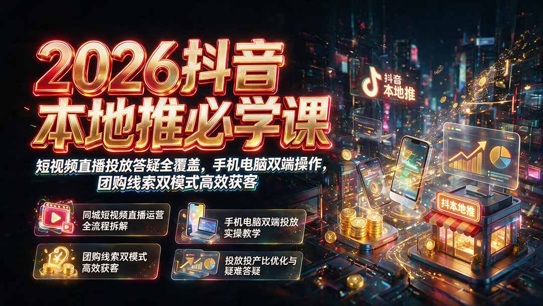 2026抖音本地推必学课｜短视频直播投放答疑全覆盖，手机电脑双端操作，团购线索双模式高效获客-资源后花园