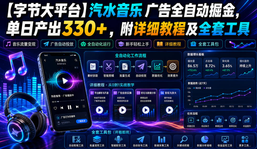 【字节大平台】汽水音乐广告全自动掘金，单日产出330+，附详细教程及全套工具【揭秘】-资源后花园