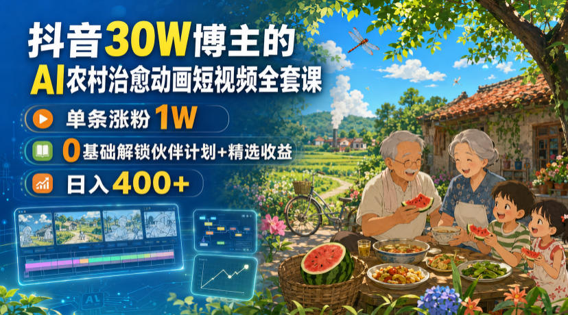 抖音30W博主的AI农村治愈动画短视频全套课｜单条涨粉1W，0基础解锁伙伴计划+精选收益，日入400+-资源后花园