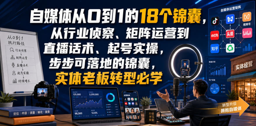 自媒体从0到1的18个锦囊，从行业侦察、矩阵运营到直播话术、起号实操，步步可落地的锦囊，实体老板转型必学-资源后花园