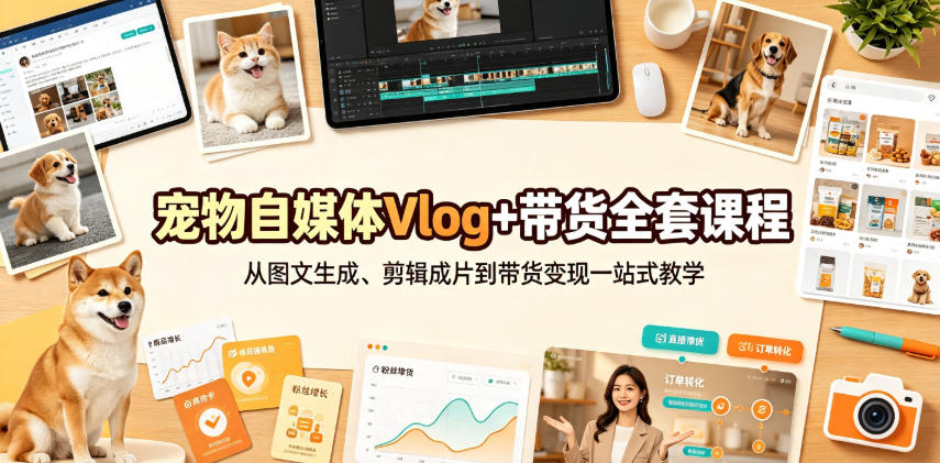 宠物自媒体Vlog+带货全套课程｜从图文生成、剪辑成片到带货变现一站式教学-资源后花园