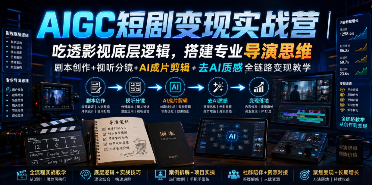 AIGC短剧变现实战营｜吃透影视底层逻辑，搭建专业导演思维，剧本创作+视听分镜+AI成片剪辑+去AI质感全链路变现教学-资源后花园