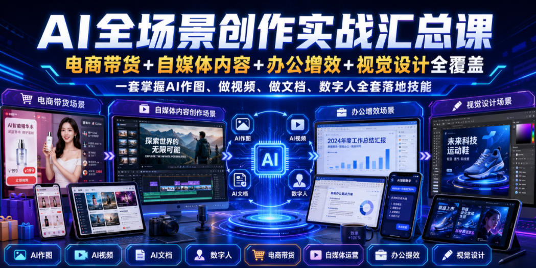 AI全场景创作实战汇总课｜电商带货+自媒体内容+办公增效+视觉设计全覆盖，一套掌握AI作图、做视频、做文档、数字人全套落地技能-资源后花园