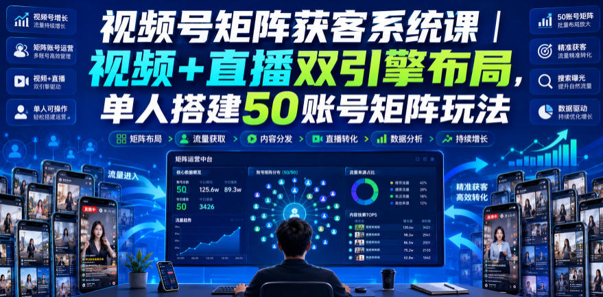 视频号矩阵获客系统课｜视频+直播双引擎布局，单人搭建50账号矩阵玩法，流量入池、搜索占位、全域引流沉淀私域全流程教学-资源后花园