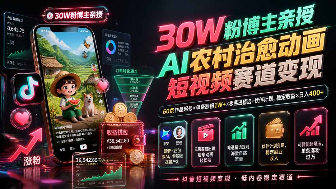 30W粉博主亲授AI农村治愈动画短视频赛道变现：60条作品起号×单条涨粉1W+×极易进精选+伙伴计划，稳定收益×日入400+-资源后花园
