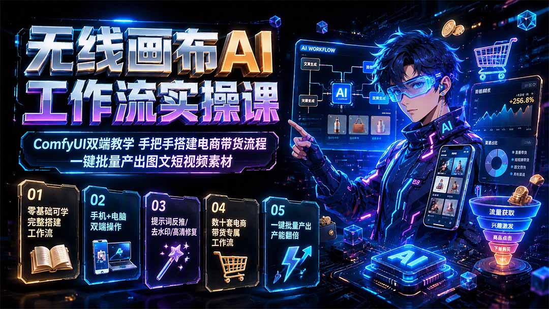 无线画布AI工作流实操课｜ComfyUI双端教学，手把手搭建电商带货流程，一键批量产出图文短视频素材-资源后花园