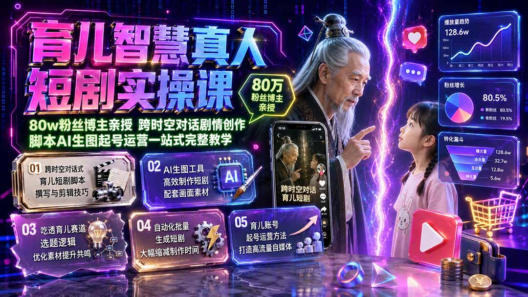 育儿智慧真人短剧实操课｜80w粉丝博主亲授，跨时空对话剧情创作，脚本AI生图起号运营一站式完整教学-资源后花园