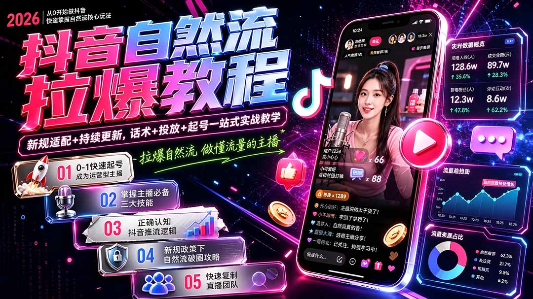 抖音自然流拉爆教程-更新7月：做懂流量的主播，新规适配+持续更新，话术+投放+起号一站式实战教学-资源后花园
