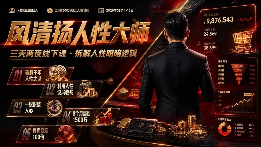 风清扬人性大师-三天两夜3月14-16线下课2026年｜拆解人性明暗逻辑，识人避坑，千万粉涨粉+直播百倍变现实战教学